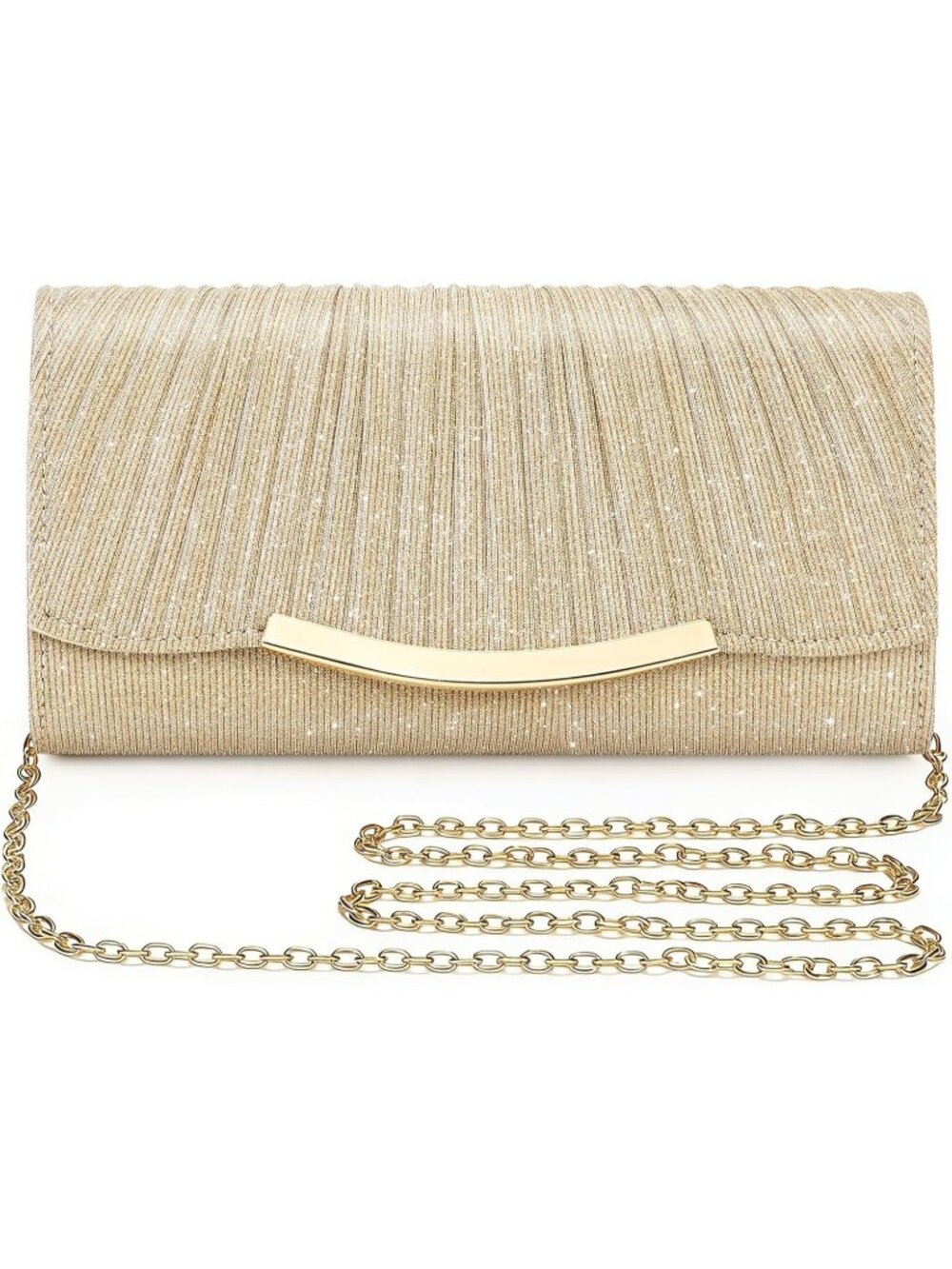 Women's Champagne Glitter Clutch Formal Party Elegant Evening Bag With Chain
